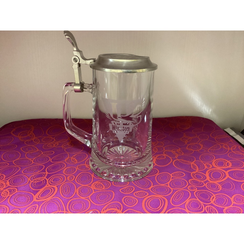 Vintage Winston Eagle Etched Glass Beer Stein with Hinged Pewter Lid